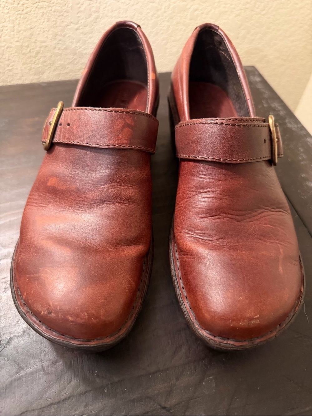 Born Chestnut Brown Leather Slip-On Loafers with Buckle Strap